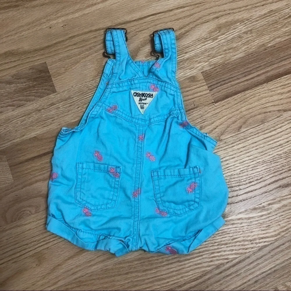 OshKosh Pineapple Shortalls Blue Pink 6 Months Denim Shorts Overalls Kids Girls